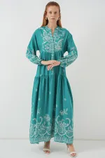 Kadın Desenli Uzun Tesettür Elbise 2585 - Mint