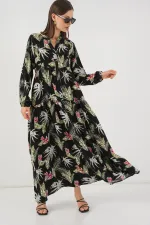 Kadın Desenli Uzun Tesettür Elbise 2585 - K. Siyah