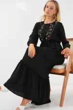 Kadın Nakışlı Uzun Tesettür Elbise 2550 - Siyah