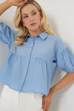 Kadın Kısa Kol Crop Gömlek 20335 - Mavi