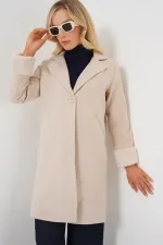 9145 Kadın Kolları Tüylü Balık Sırtı Kaşe Kaban - Krem