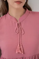 T1627 Yaka Bağcıklı Elbise - Gül Kurusu