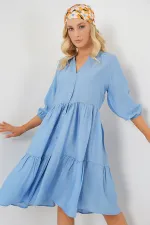 Kadın Düğmeli Kısa Kol Elbise 2559 - İndigo