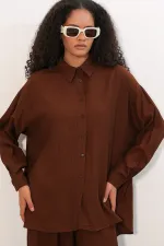 Women's Textured Shirt and Pants Two-Piece Set 6710 - Brown Women's Textured Shirt and Pants Two-Piece Set 6710 - Brown