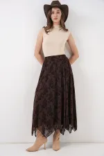 Kadın Desenli Astarlı Etek 8059 - Kahverengi