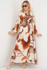 Kadın Desenli Uzun Tesettür Elbise 2585 - Kahverengi