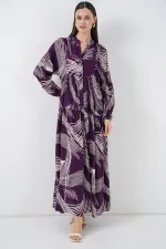 Kadın Desenli Uzun Tesettür Elbise 2585 - Mor