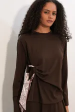 Women's Scarf Blouse and Skirt Two-Piece Set 8077 - Brown Women's Scarf Blouse and Skirt Two-Piece Set 8077 - Brown