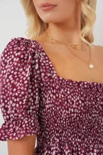 Women's Short-Sleeve Floral Dress 2556 - Burgundy