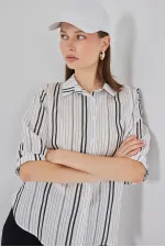 Kadın Çizgili Kısa Kol Gömlek 20345 - Taş