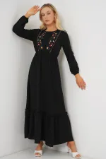 Kadın Nakışlı Uzun Tesettür Elbise 2550 - Siyah