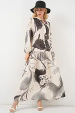 Kadın Desenli Uzun Tesettür Elbise 2585 - Siyah