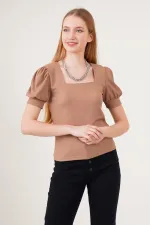 0409 Square Collar Knitted Blouse - Light Brown
