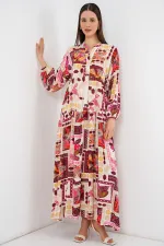 Kadın Desenli Uzun Tesettür Elbise 2585 - E. Turuncu