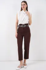 6556 Kemerli Kumaş Pantolon - Kahverengi