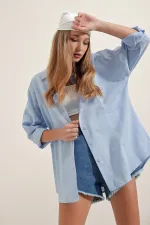 3900 Oversize Uzun Basic Gömlek - Mavi