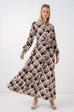 Kadın Boydan Düğmeli Uzun Tesettür Elbise 2588 - Kahve Bej