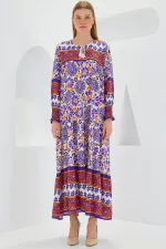 Women's Purple Tile Patterned Long Viscose Dress 1947