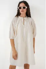 Kadın Desenli Kısa Elbise 2528 - Krem