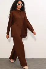 Women's Textured Shirt and Pants Two-Piece Set 6710 - Brown Women's Textured Shirt and Pants Two-Piece Set 6710 - Brown