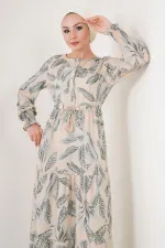 2145 Desenli Tesettür Elbise - Bej