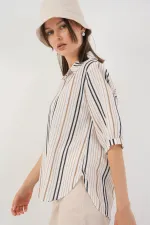 Women's Striped Short Sleeve Shirt 20345 - Beige