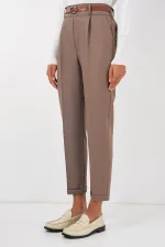 6686 Kadın Pileli Kemerli Kumaş Pantolon - Camel