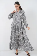 Kadın Desenli Uzun Tesettür Elbise 2585 - Gri