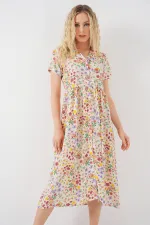 Women's Buttoned-Down Short Sleeve Floral Dress 2561 - Cream