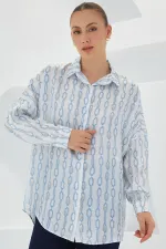 Chemise oversize en satin turquoise et blanc à motifs pour femme 3985