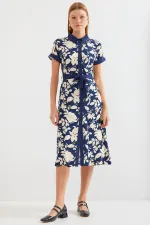 2455 Patterned Shirt Dress - Navy Blue