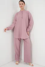 6678 Keten Tunik Pantolon İkili Takım - Gül Kurusu
