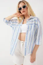 Chemise rayée à manches courtes pour femme 20344 - Bleue