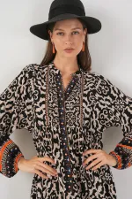 Kadın Desenli Uzun Tesettür Elbise 2585 - C.Siyah