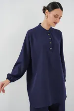 6678 Ensemble deux pièces tunique et pantalon en lin - Bleu marine