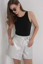 Kadın Parlak Şort Etek 8044 - Gümüş