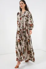 Kadın Desenli Uzun Tesettür Elbise 2585 - Kahve Bej