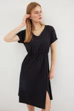 2378 V-Neck Slit Knitted Dress - Black
