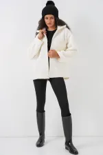 55446 Zippered Oversize Plush Coat - Beige