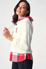 4248 Ekose Desen Peluş Sweat - Beyaz