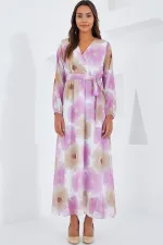 Women's Pink Beige Floral Patterned Chiffon Dress 2134