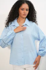 Kadın Oversize Desenli Gömlek 20379 - Mavi Kadın Oversize Desenli Gömlek 20379 - Mavi