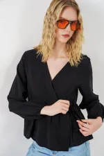 Kadın Yandan Bağlamalı Uzun Kollu Bluz 996 - Siyah