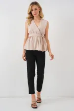 Kadın Kruvaze Yaka Kolsuz Bluz 966 - Krem