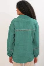 Women's Oversize Patterned Shirt 20379 - Emerald Green Women's Oversize Patterned Shirt 20379 - Emerald Green