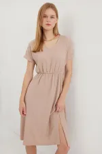 2378 V-Neck Slit Knit Dress - Biscuit 2378 V-Neck Slit Knit Dress - Biscuit