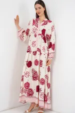 Kadın Desenli Uzun Tesettür Elbise 2585 - Bordo 1