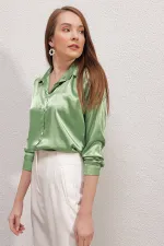 3964 Hafif Dökümlü Saten Gömlek - Y.Yeşil