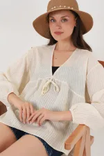 Chemisier à manches longues et laçage sur le devant pour femme 946 - Crème