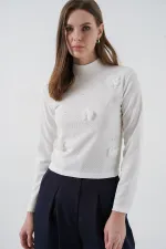 Kadın Çiçekli Örme Bluz 978 - Beyaz